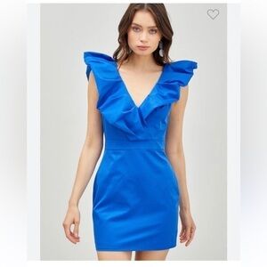Do + Be blue mini dress with bubble puff shoulders